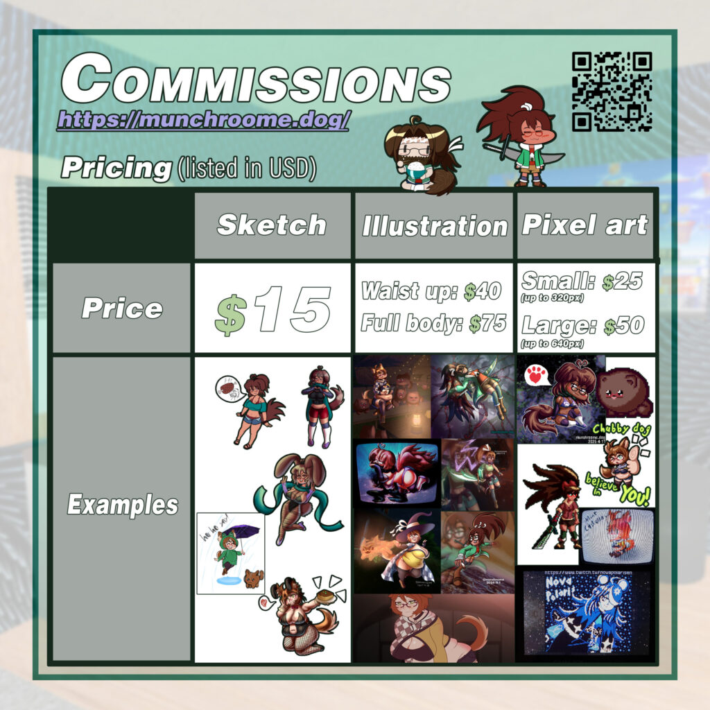 Commission sheet, prices in USD.
Sketch - $15
Half body illustration - $40
Full body illustration - $75
Small pixel art (up to 320px) - $25
Large pixel art (up to 640px) - $50
